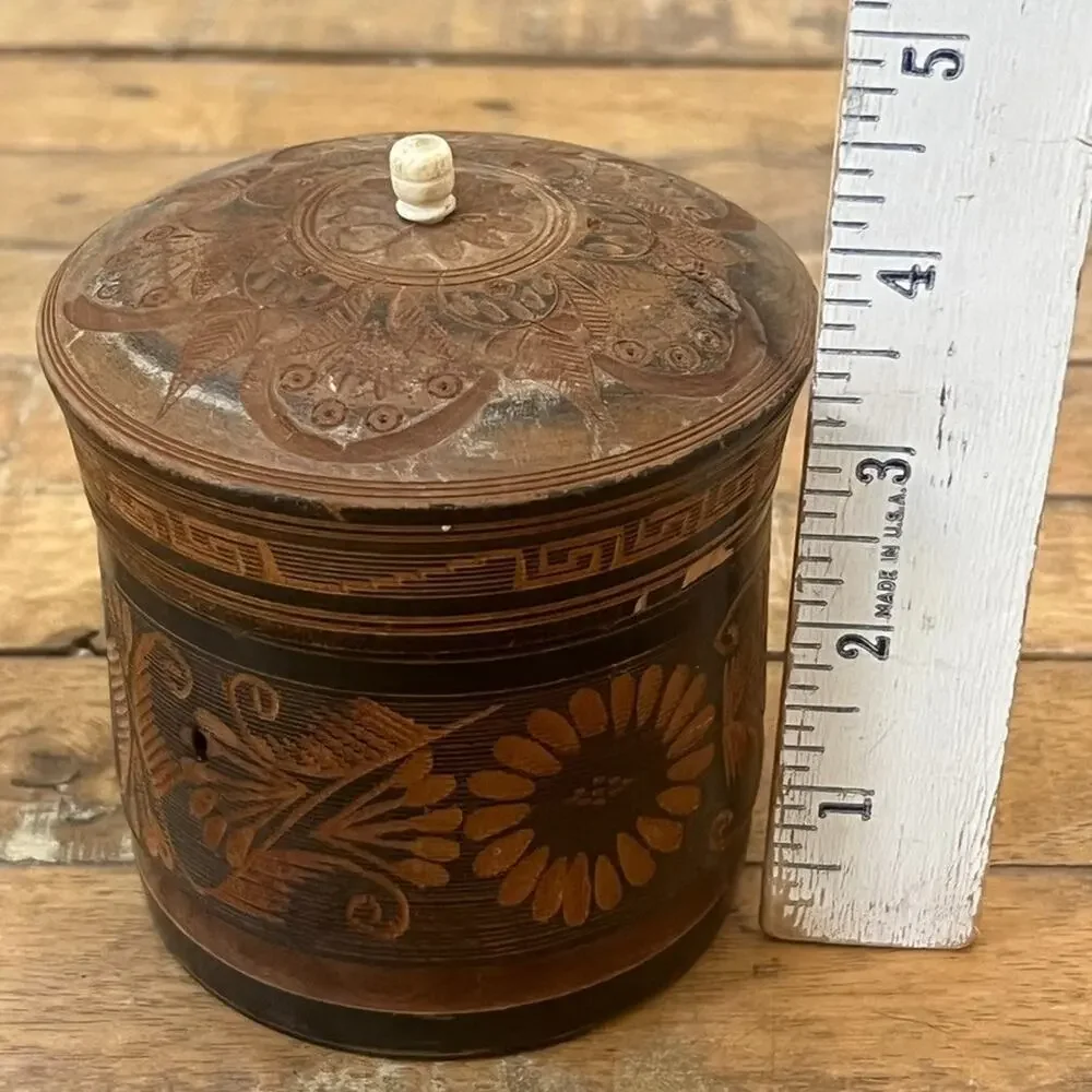 Vintage Hand Carved & Turned Solid Wood Container Trinket Box Lid 4